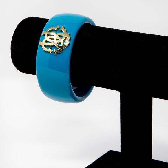 Authentic Roberto Cavalli Teal Blue Bangle Bracelet Plastic Gold Tone Logo Large - Picture 3 of 6